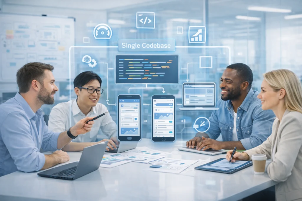 Offshore development team building custom cross-platform apps using a single codebase for iOS, Android, and web, ensuring high performance and scalability