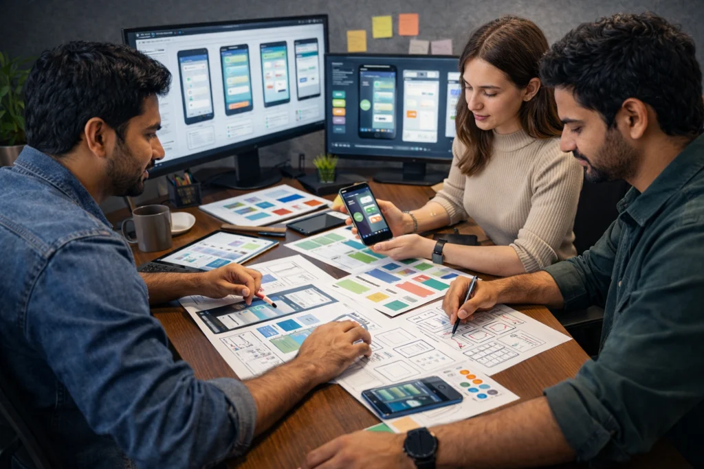 Team collaborating on Android app UI/UX wireframes with smartphones and mockups, showcasing user-centric mobile app design—highlighting Samyak Infotech’s Android app development services focused on intuitive and visually appealing interfaces.