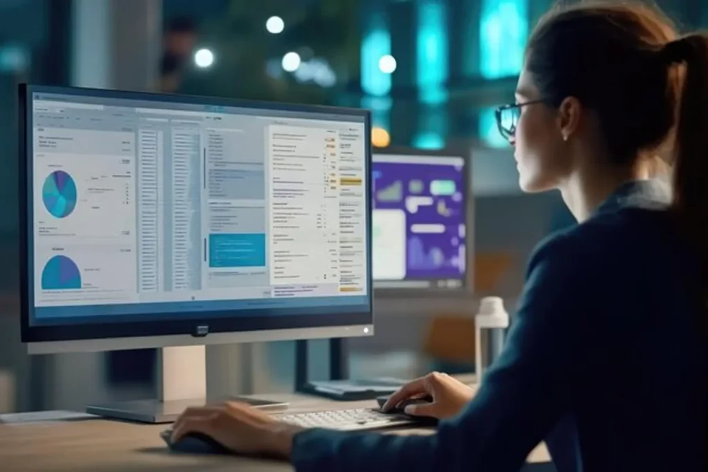 Female data professional managing dashboards on a dual-monitor setup, representing MLOps services for data and model versioning to enable traceability, rollback, and clean ML workflow management.