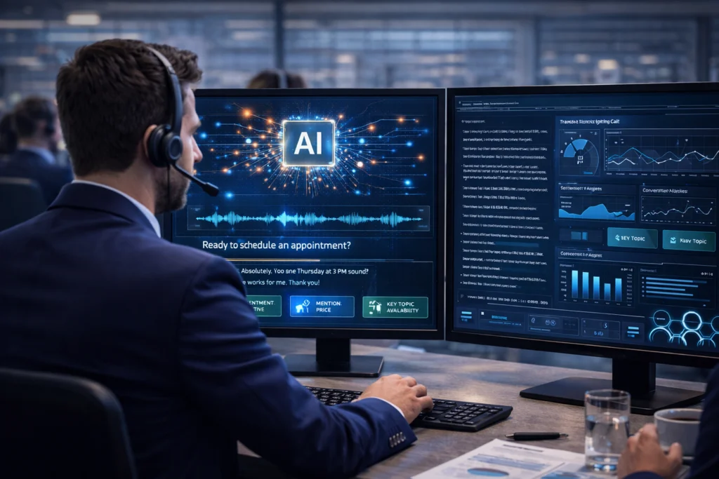 Consultant with headset analyzing voice and speech data on AI-powered dashboards, demonstrating how deep learning consulting services enhance audio transcription and call center intelligence through speech recognition models.