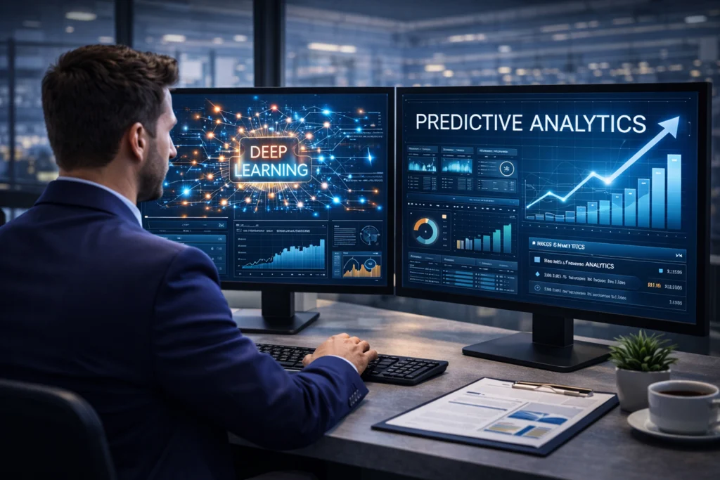 Business professional analyzing predictive analytics and deep learning data on dual monitors, representing the use of deep learning consulting services to drive accurate forecasting and smarter business decisions.