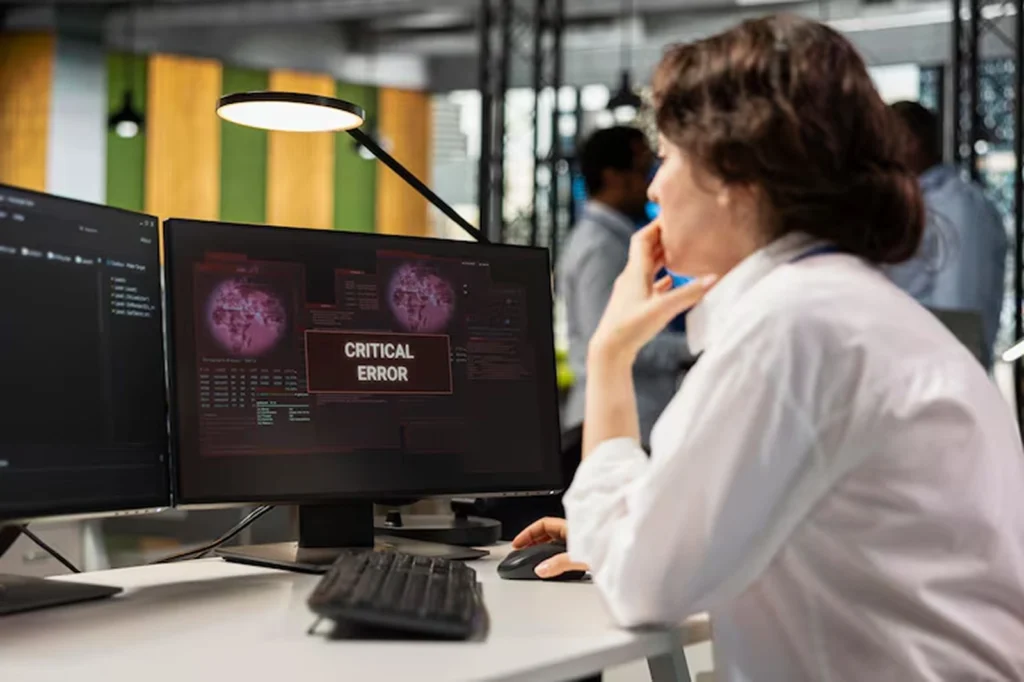 Female analyst reviewing a critical error alert on her monitor in a fintech environment, representing a finance case study where deep learning consulting services enhanced fraud detection by identifying transaction anomalies in real-time.