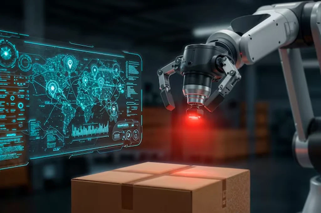Robotic arm with deep learning-powered vision system scanning a package in a smart factory, showcasing a manufacturing case study where deep learning consulting services improved defect detection and boosted production efficiency.