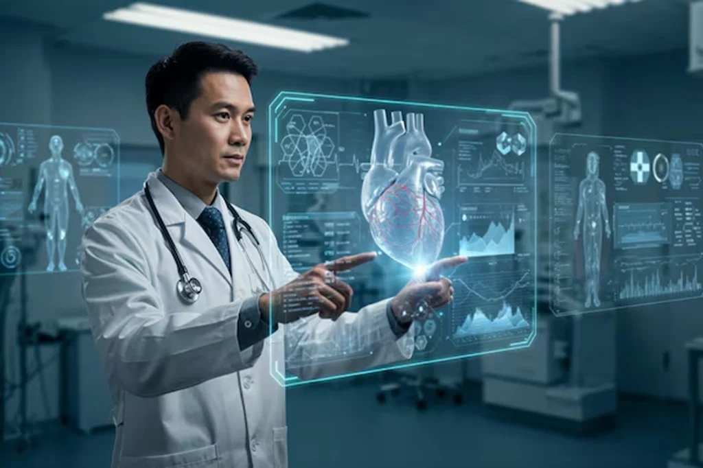 Doctor interacting with AI-powered 3D heart model and diagnostic data on futuristic screens, illustrating a real-world success of deep learning consulting services improving medical image analysis accuracy and speed.