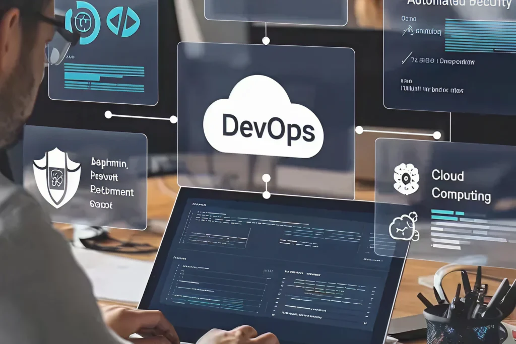 Developer managing app deployment using DevOps and cloud computing tools as part of offshore cross-platform app making service, ensuring smooth launch and continuous post-launch support