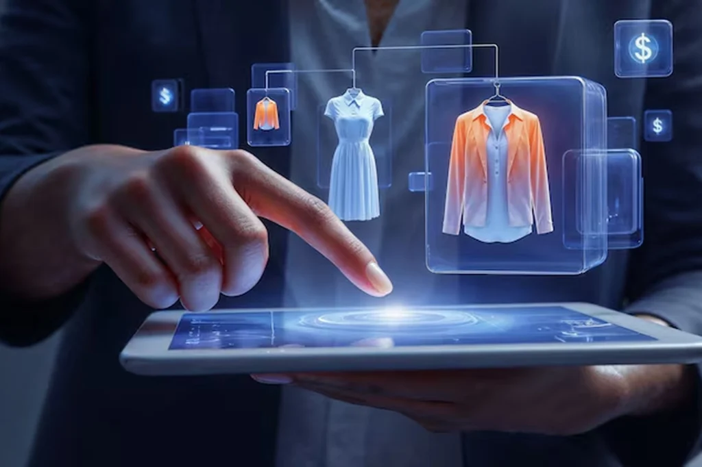 User interacting with a tablet displaying AI-generated clothing recommendations, illustrating how deep learning consulting services helped an e-commerce brand boost conversions and repeat purchases through personalized product suggestions.