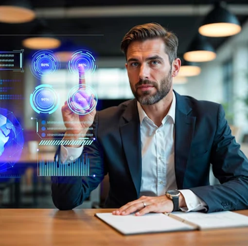 Business professional interacting with futuristic data interface, representing Samyak Infotech’s mission to deliver AI consulting services focused on clarity, strategy, and real business impact.