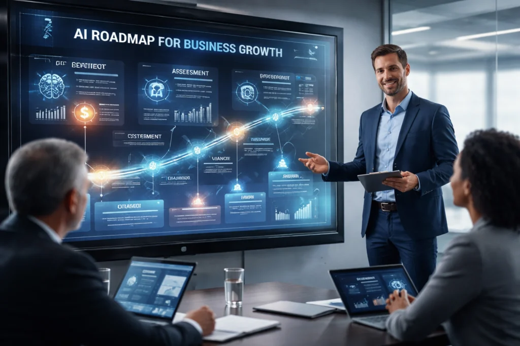 Business team reviewing enterprise AI solution roadmap presentation led by consultant, representing enterprise AI development services focused on strategic planning, use case identification, and scalable AI solutions for real-world impact