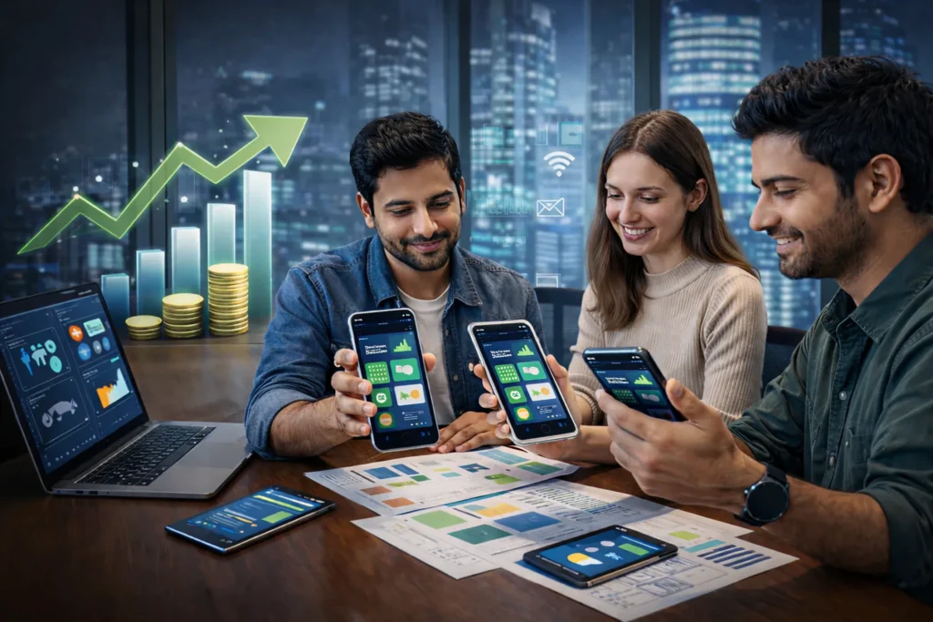 Team reviewing enterprise Android apps on smartphones with charts, analytics, and a growth arrow in the background—illustrating Samyak Infotech’s scalable Android app development services for boosting productivity and business performance.