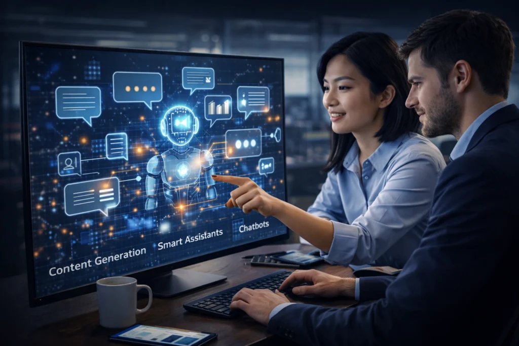AI development team interacting with chatbot interface on screen, showcasing NLP-powered enterprise AI solutions for content generation, smart assistants, and customer-facing chatbots to enhance communication and engagement