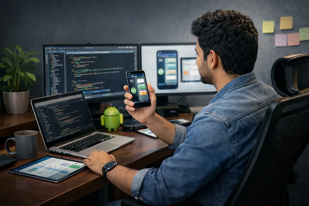 Android app developer testing a custom mobile app on smartphone while coding on laptop and desktop screens—illustrating end-to-end Android app development services focused on performance, security, and user experience for business growth.