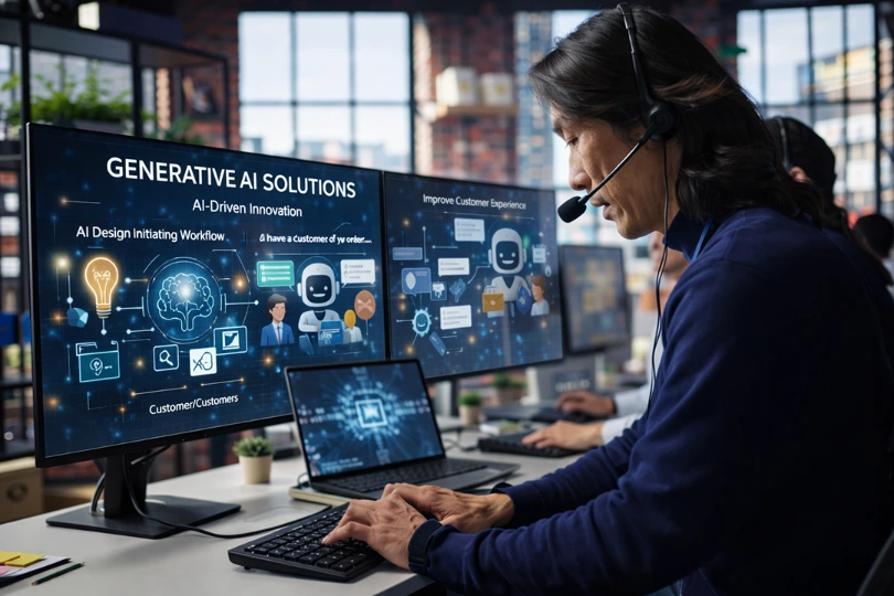 Support agent using AI-driven software displayed on dual monitors to automate customer service and workflows, highlighting Samyak Infotech’s role in improving speed and efficiency for a SaaS company.