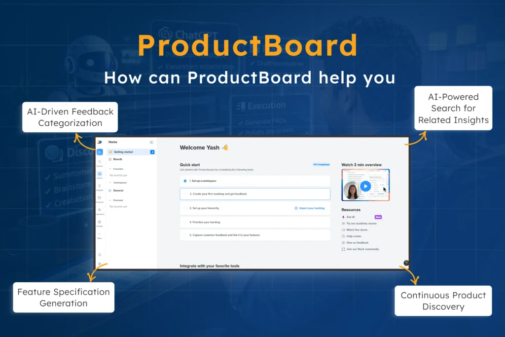 Screenshot of Productboard’s AI-powered interface highlighting features like automated feedback categorization, insight search, feature specification generation, and product discovery—showcasing its role as an essential AI tool for product managers in 2025.