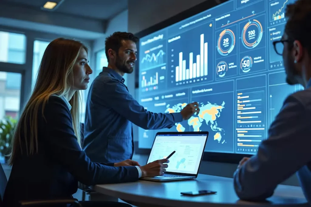 Team of professionals analyzing machine learning operations (MLOps) dashboards with performance metrics and global data visualizations, illustrating MLOps consulting services for building scalable, efficient ML workflows.