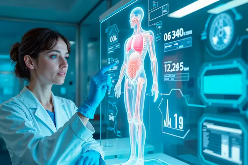 Female healthcare professional interacting with a futuristic medical interface showing a human body and diagnostic metrics—representing MLOps consulting services that ensured compliance, auditability, and reliability in healthcare predictive models.
