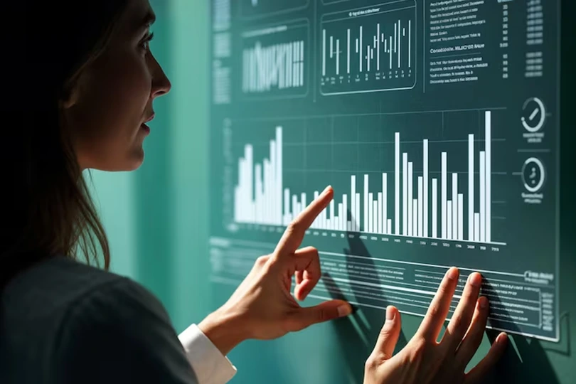 A business professional analyzing interactive bar charts on a digital screen, representing Samyak Infotech’s AI consulting services in predictive analytics and data-driven insights for improved forecasting and operational efficiency.