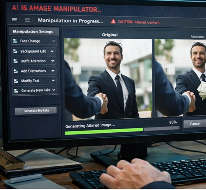 Computer screen showing original and altered images side by side with AI editing options, illustrating the risk of manipulated AI outputs and the need for strong AI cybersecurity solutions.