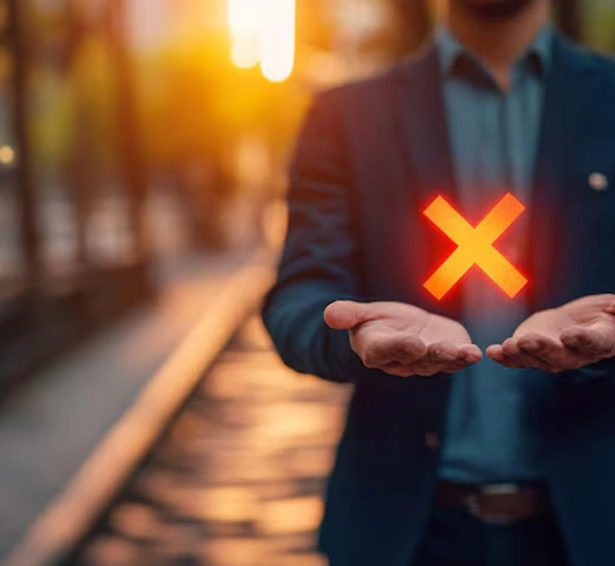 A person holding a glowing red X symbol in their hands, symbolizing the loss of trust due to AI security incidents and emphasizing the importance of strong AI-powered cybersecurity solutions to protect brand reputation.