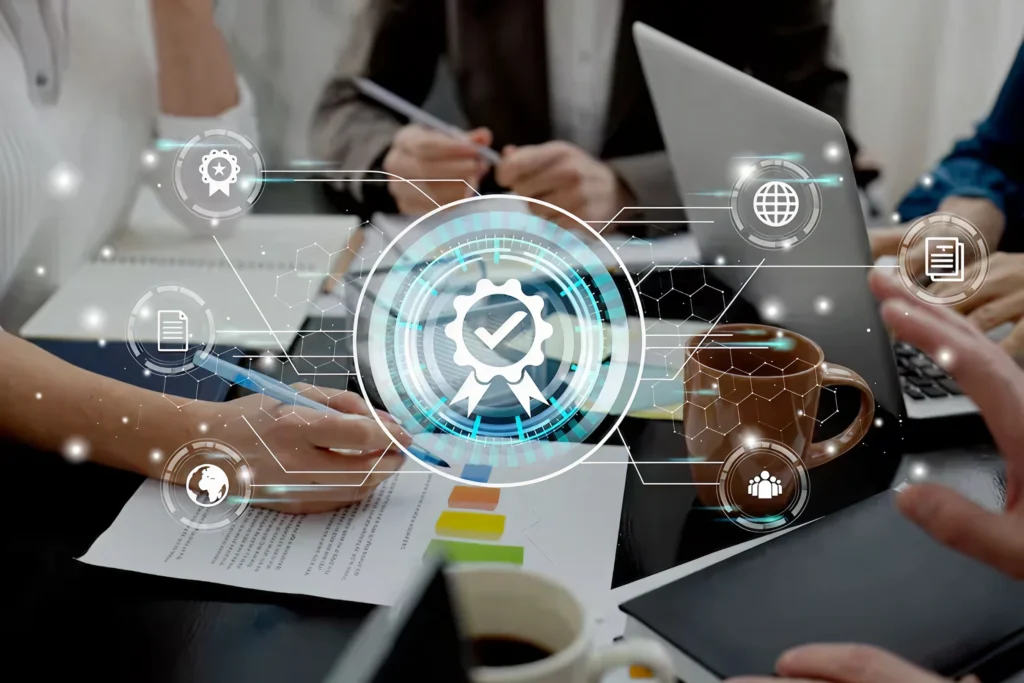 Team performing quality assurance for offshore cross-platform app making service, with icons representing testing for functionality, performance, security, and user experience across devices