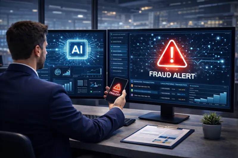 Business professional monitoring real-time AI-powered fraud detection system on dual monitors and mobile, displaying urgent "Fraud Alert" warnings and financial dashboards, showcasing AI deployment in the fintech sector.