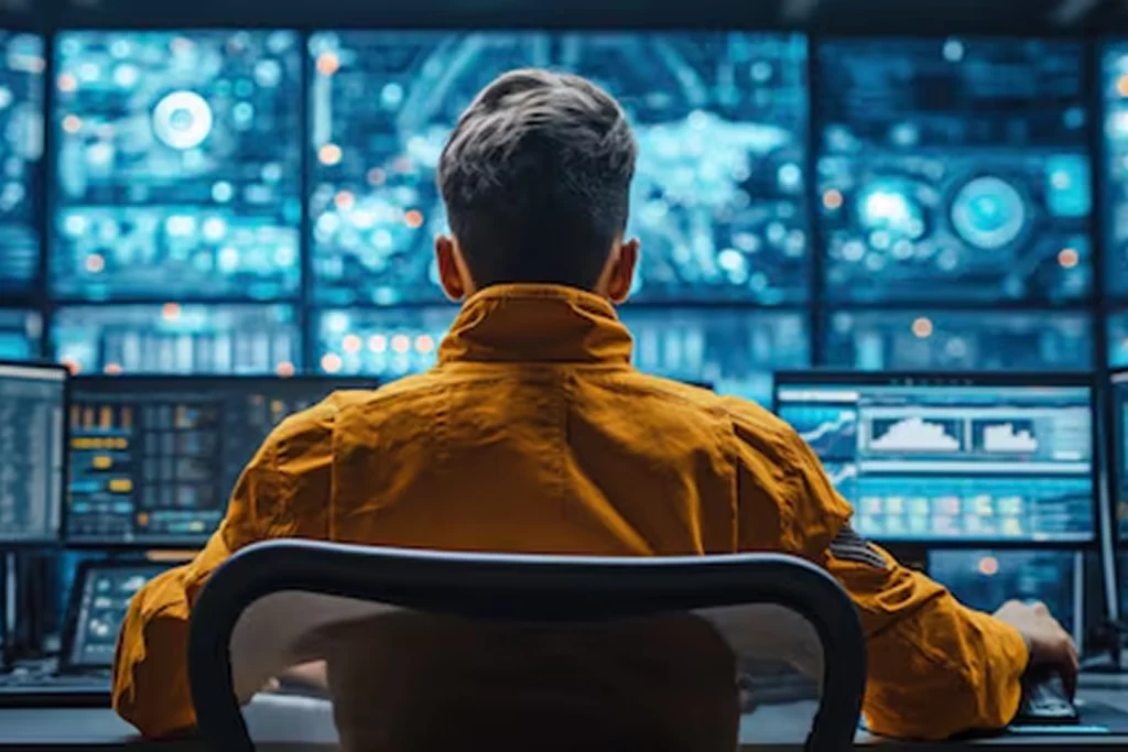 Cybersecurity analyst in a control center monitoring multiple screens with real-time data and alerts, representing AI-powered security solutions that provide continuous monitoring and rapid incident response to stop threats immediately.