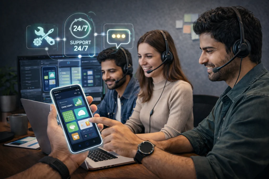 Support team providing 24/7 assistance for Android apps, with a developer holding a smartphone showing app features—highlighting Samyak Infotech’s commitment to ongoing app maintenance, bug fixes, updates, and customer support.