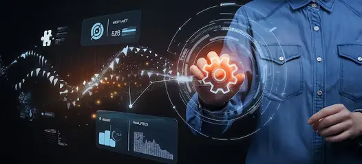 Person interacting with a virtual gear icon and data analytics dashboard, representing MLOps consulting services that enable scalable machine learning operations for handling increased data, models, and users without performance loss.