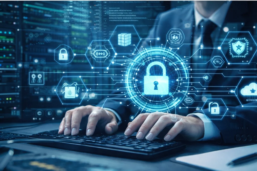 Hands typing on a keyboard with digital lock icons and cybersecurity graphics overlaying a secure network environment—illustrating AI-powered security solutions that protect AI deployments across applications, APIs, and cloud infrastructure.