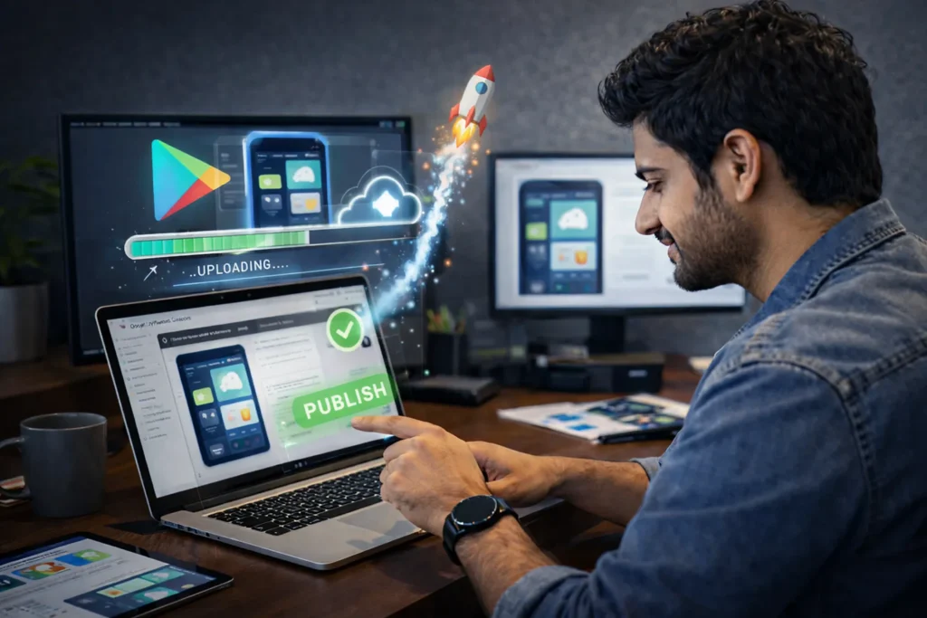 Developer publishing an Android app with visual icons of the Play Store, upload progress bar, and rocket launch—representing Samyak Infotech’s end-to-end Android app deployment services, ensuring fast and hassle-free Play Store launches.