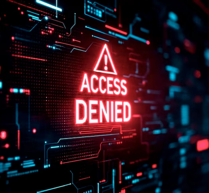 A glowing red “Access Denied” alert on a digital interface, representing the risks of weakly protected AI systems and the need for AI cybersecurity solutions to block unauthorized access and backdoors.
