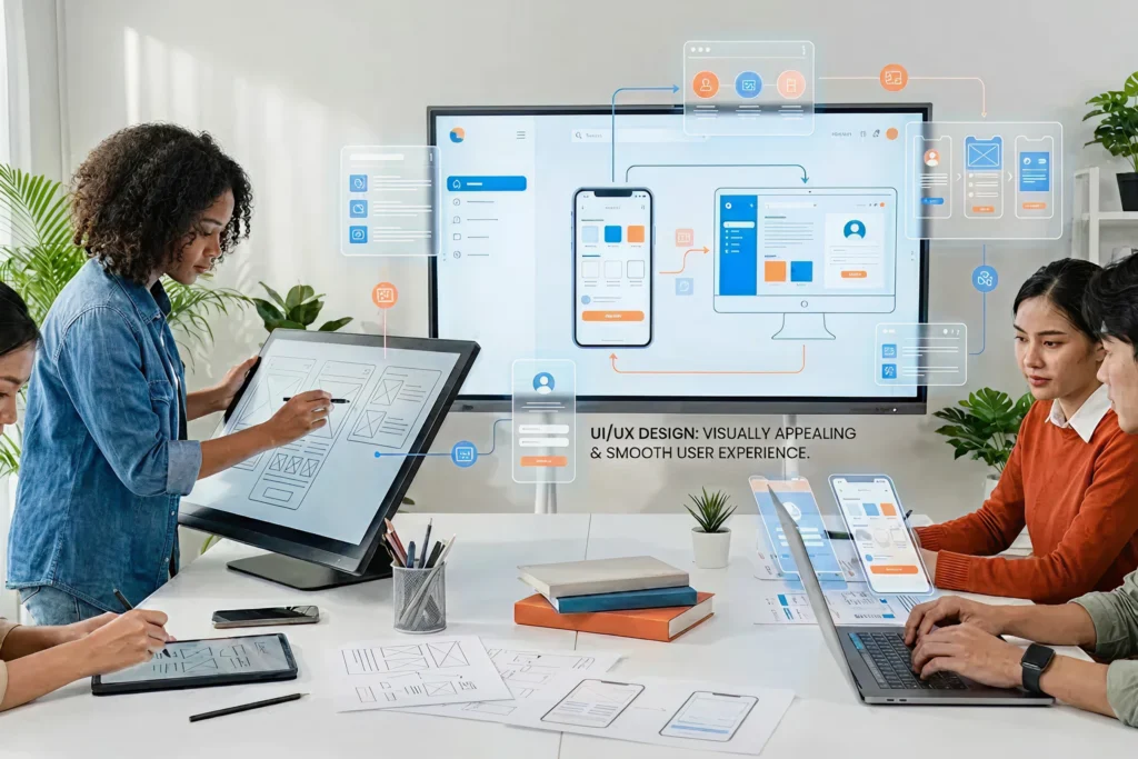 Design team creating responsive UI/UX for offshore cross-platform app making service, working on wireframes and mobile-first interfaces to ensure smooth user experience across devices