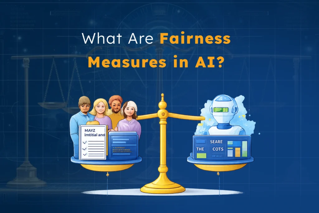 Illustration showing a balanced scale with diverse human figures and documents on one side and an AI robot with data charts on the other, symbolizing the role of fairness measures in AI product development to ensure ethical and unbiased decision-making.
