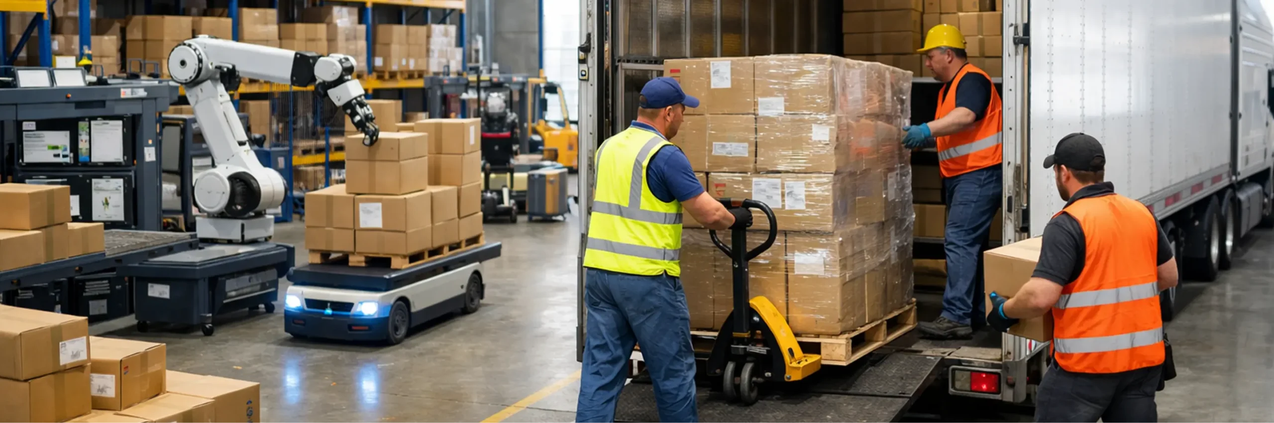 Workers and autonomous robots collaboratively managing logistics operations in a warehouse, with robotic arms handling packages and staff loading boxes into a truck—showcasing real-world hyperautomation in shipping and logistics by Samyak Infotech.