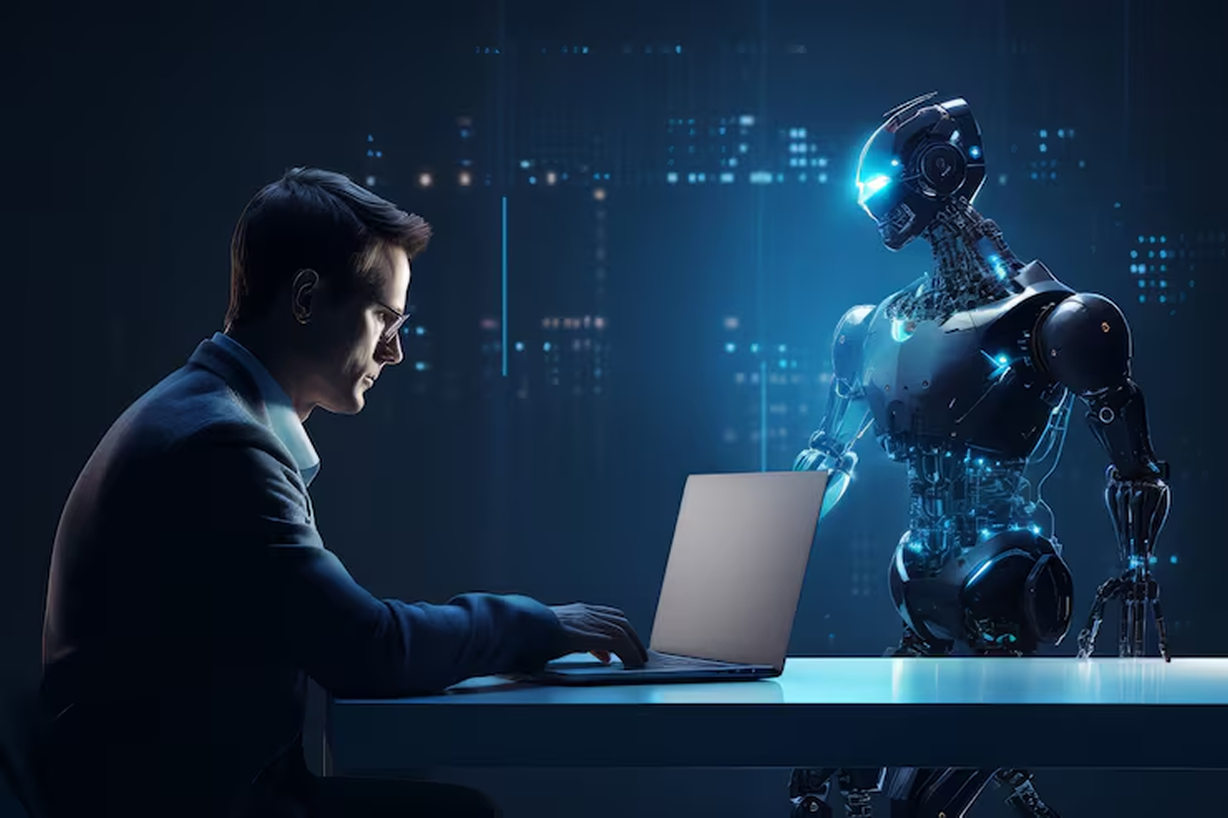 Business professional collaborating with an advanced humanoid robot, representing access to skilled AI experts through AI outsourcing services for improved project outcomes.