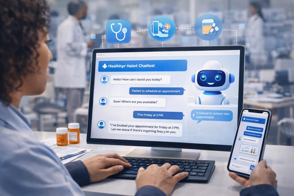 Healthcare professional interacting with a desktop and smartphone chatbot interface, with icons for medical services and a friendly AI assistant, showing how AI outsourcing services enhance patient experience through automated support and appointment scheduling.