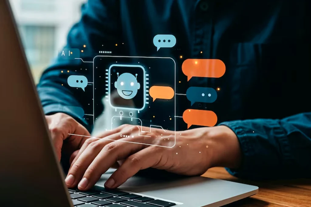 Person typing on a laptop with a digital chatbot and speech bubble icons overlaid, representing AI outsourcing services for building NLP solutions like chatbots, sentiment analysis, and language automation tools.