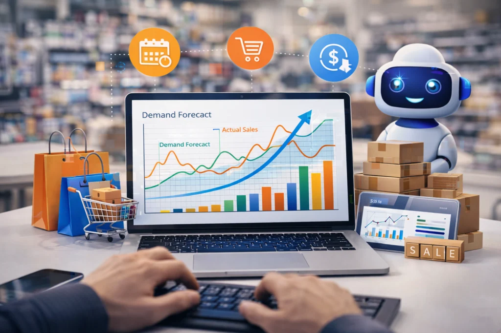 Laptop displaying demand forecasting charts with shopping icons, packages, and a friendly robot assistant, illustrating how AI outsourcing services help retail and e-commerce businesses improve sales forecasting, reduce inventory costs, and boost customer satisfaction.