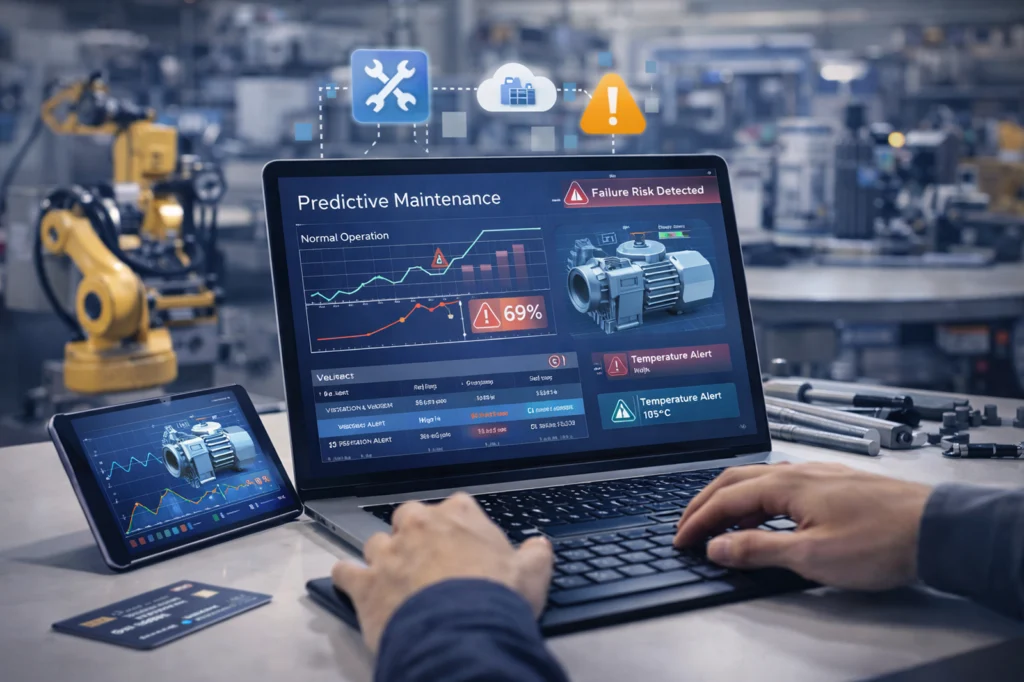 Engineer monitoring predictive maintenance alerts on a laptop and tablet, with machinery in the background, illustrating how AI outsourcing services help manufacturers reduce equipment downtime, control maintenance costs, and boost operational efficiency.