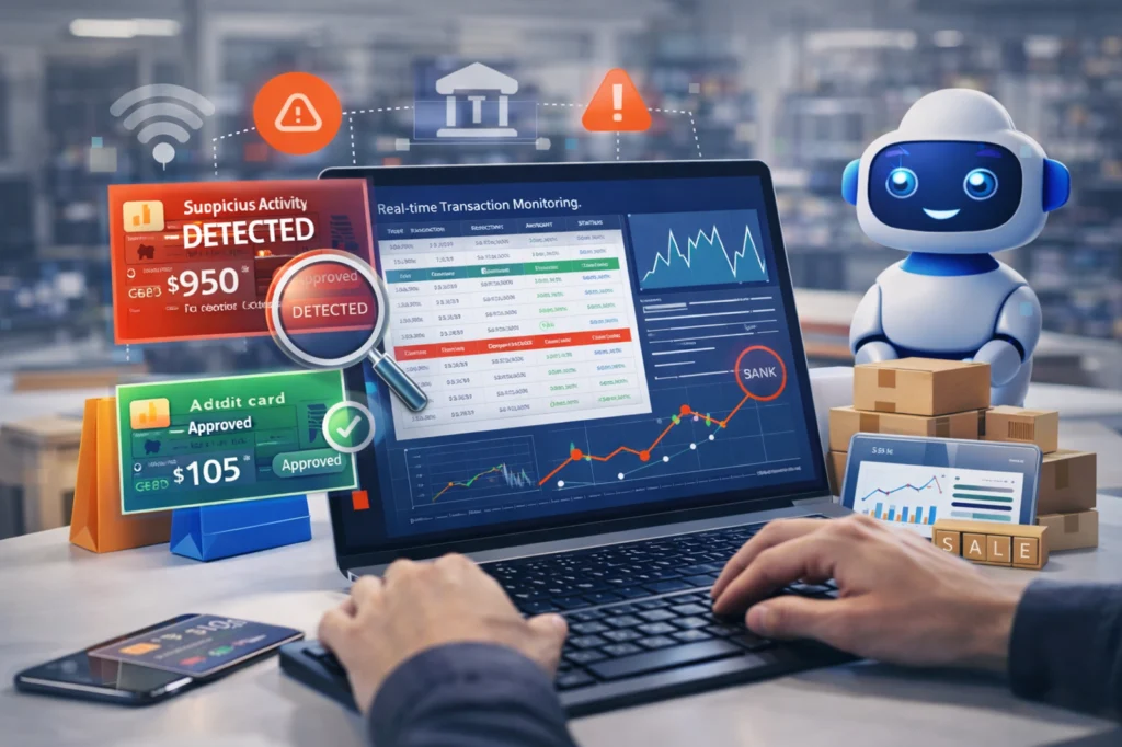 Laptop showing real-time transaction monitoring with fraud alerts and approval indicators, alongside a friendly robot and financial icons, demonstrating how AI outsourcing services support finance and FinTech companies in reducing fraud and improving processing efficiency.
