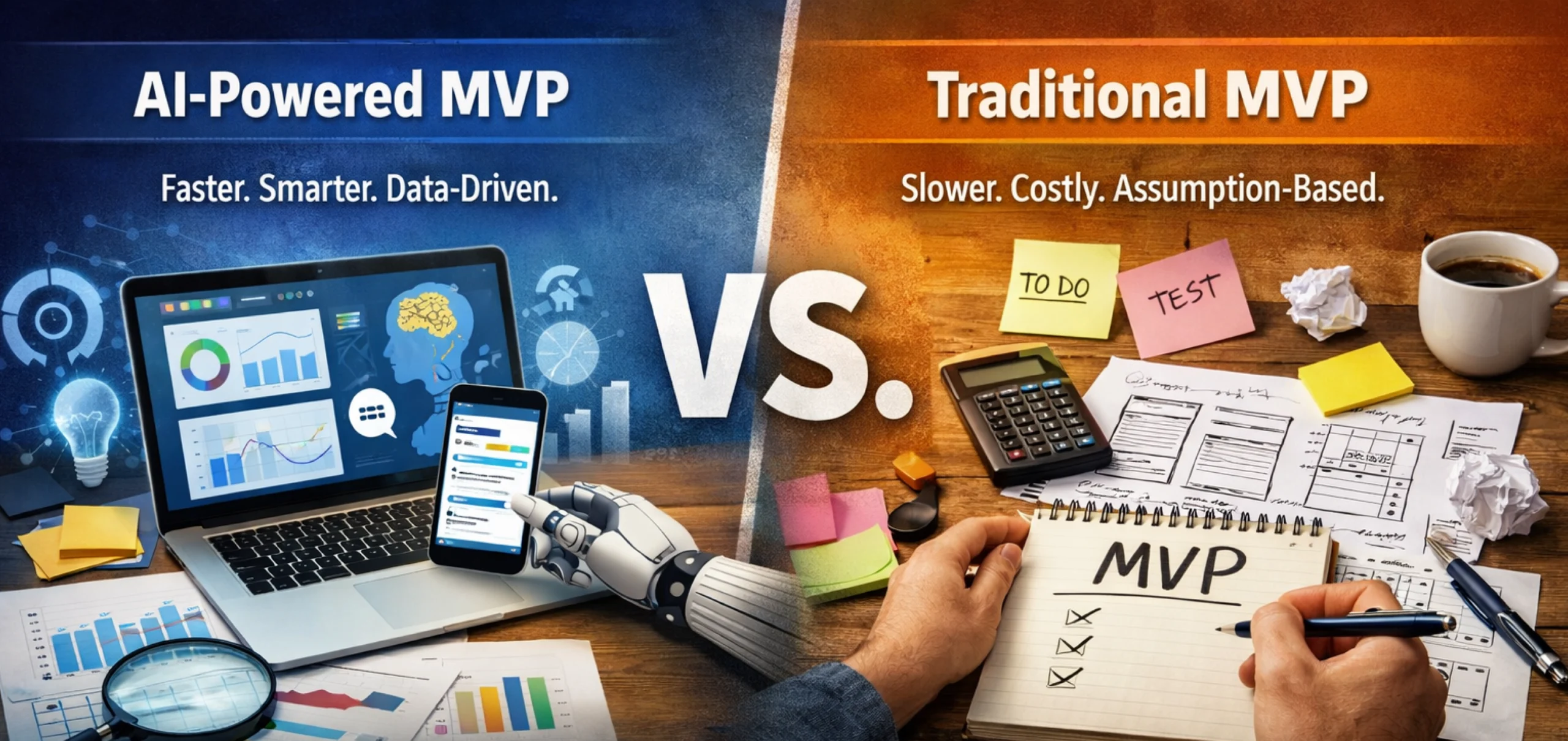 Side-by-side comparison of AI-powered MVP and traditional MVP approaches, featuring charts, a robot hand using a mobile app on one side, and handwritten wireframes with notes and calculator on the other, highlighting the contrast in speed, cost-efficiency, and data-driven decision-making.