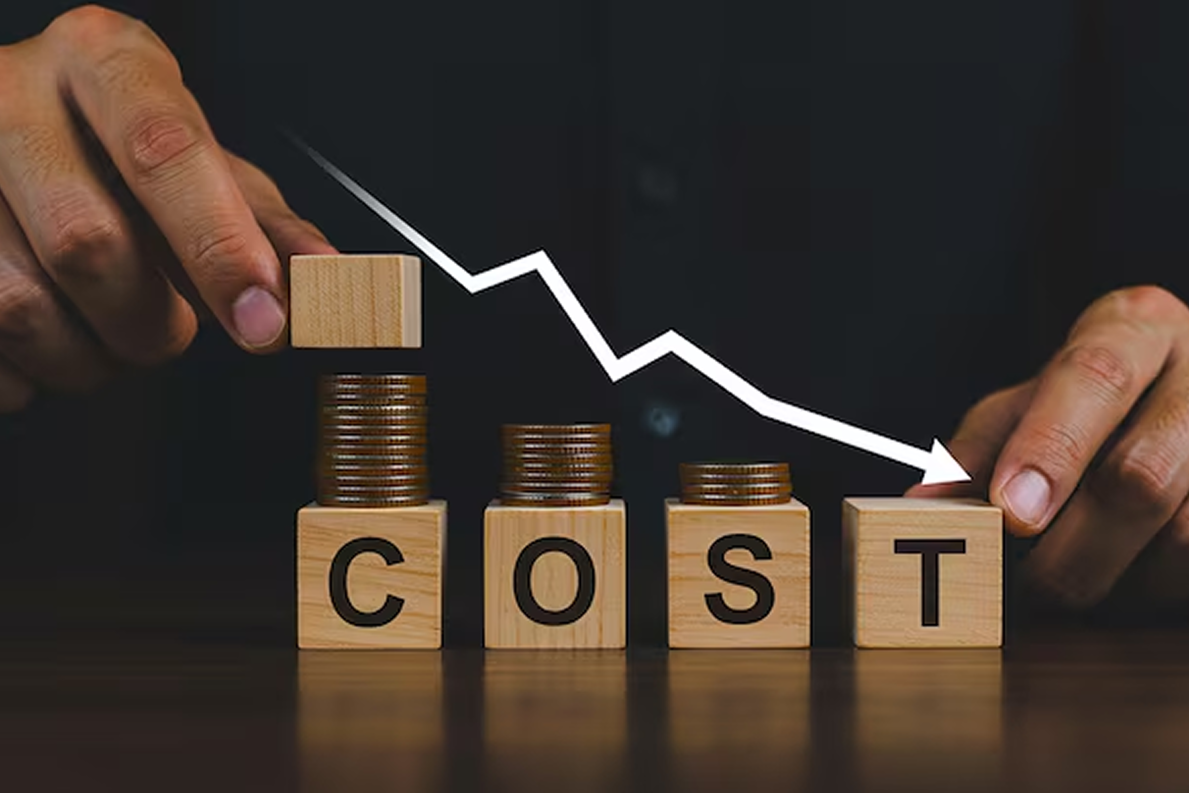 Stacked coins on wooden blocks spelling "COST" with a downward arrow, symbolizing how AI outsourcing services help reduce development expenses by eliminating hiring and training costs.