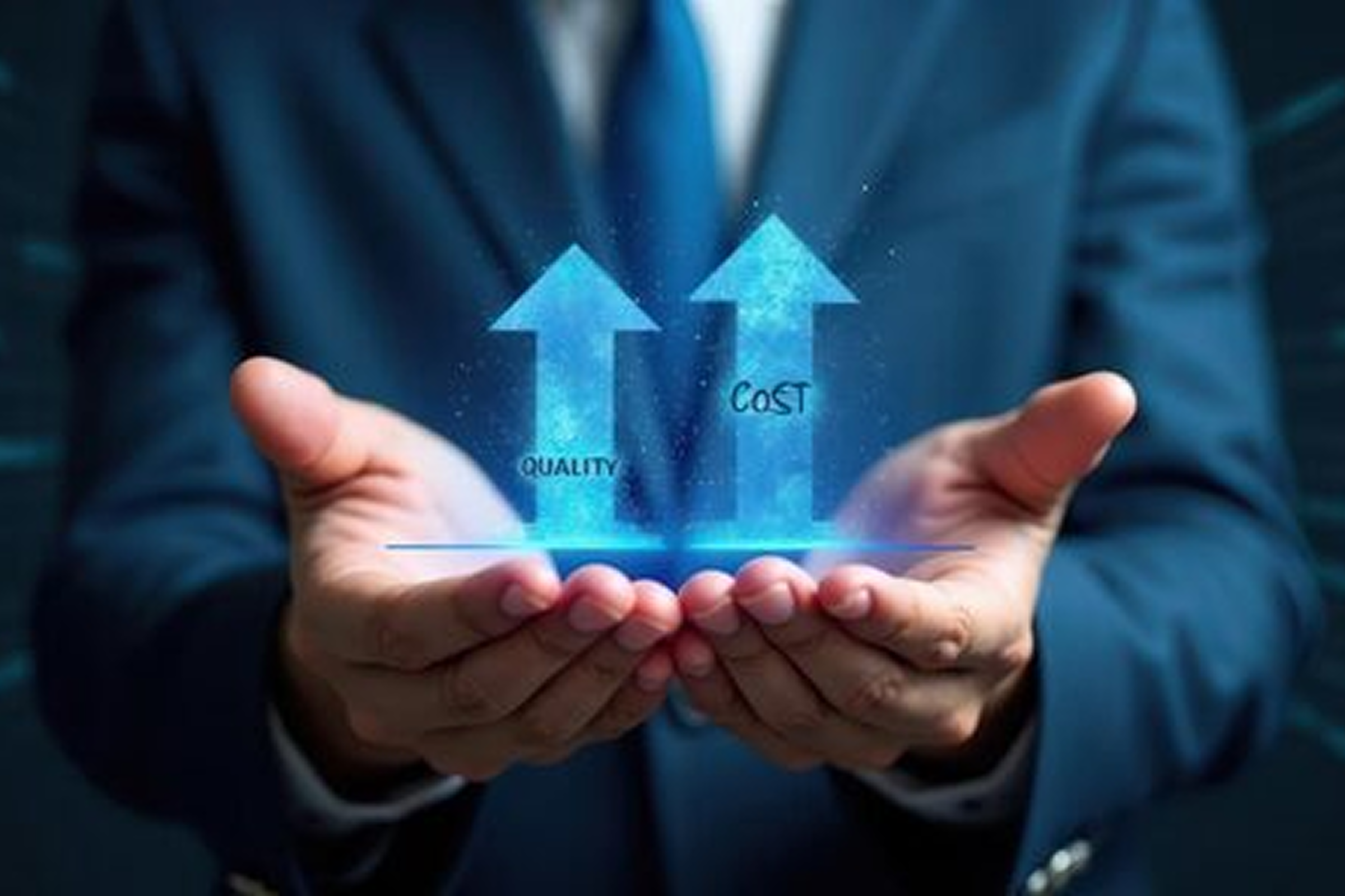 Businessman holding digital arrows labeled "Quality" and "Cost," representing the scalability and adaptability of AI outsourcing services to meet changing business demands efficiently.