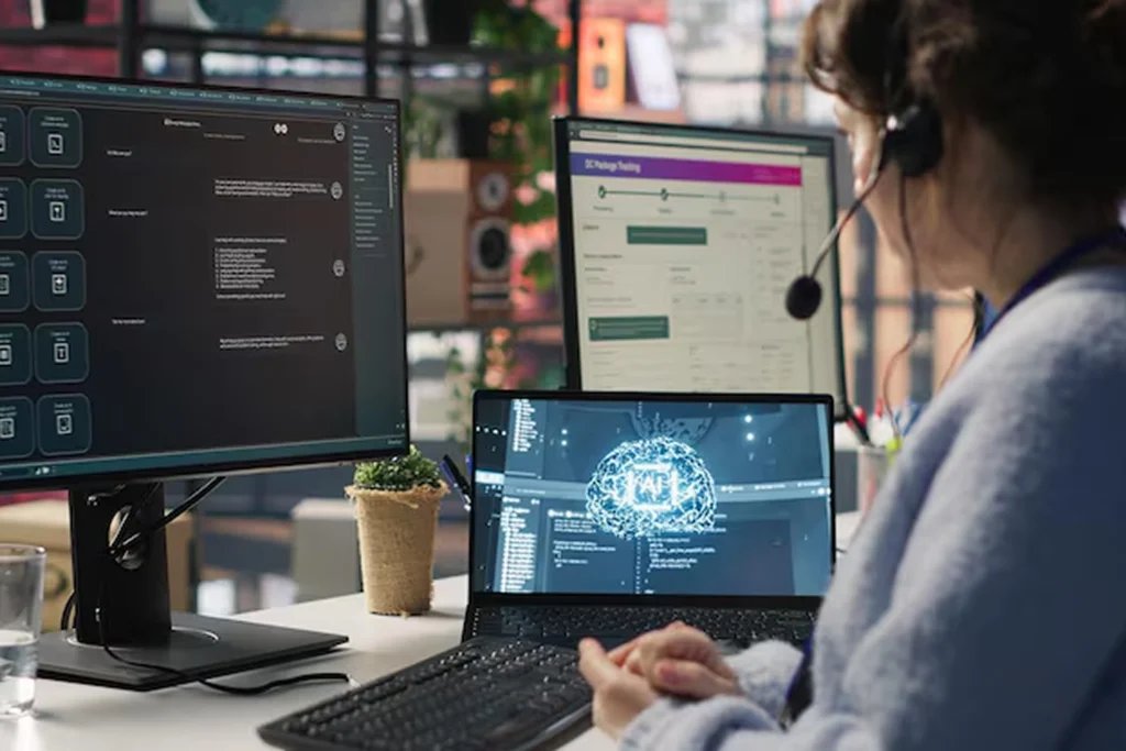 AI specialist with headset overseeing integration on multiple monitors, showing AI code and system dashboards, illustrating how AI outsourcing companies deliver secure and disruption-free AI deployment into existing business systems.