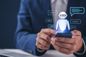 Business professional using smartphone with AI chatbot interface and chat bubbles, representing AI chatbot and virtual assistant solutions for personalized customer support, task automation, and improved business productivity.