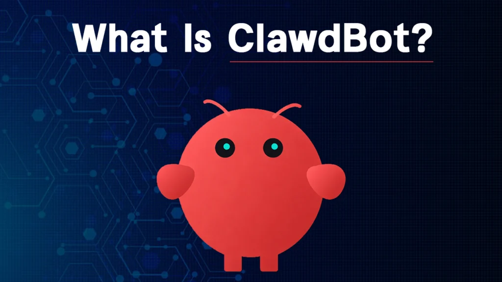 Red cartoon robot representing ClawdBot, an autonomous AI agent system, on a tech-themed blue background with the title " What is ClawdBot " displayed above.