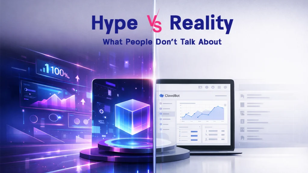 AI agent dashboard showing hype vs reality comparison, highlighting complex setup, model configuration, and onboarding challenges for beginners