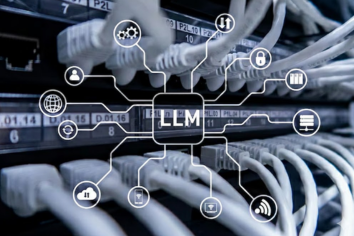Close-up of network servers with LLM interface overlay, representing large language model development services for automated customer communication, dynamic content generation, and back-office workflow automation.