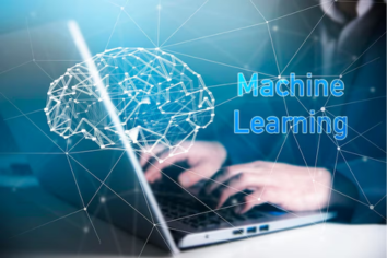 Professional working on laptop with digital brain network and “Machine Learning” overlay, representing machine learning development, predictive analytics, and intelligent business process automation for data-driven decision making.