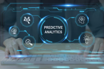 Digital predictive analytics dashboard with “Predictive Analytics” interface over keyboard, representing predictive analysis modeling, trend forecasting, risk management, and data-driven strategic decision making for business growth.
