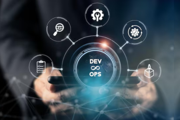 A professional wearing augmented reality glasses interacts with a holographic display of industrial machinery, representing machine learning development services in manufacturing for process optimization, quality control, and predictive maintenance.